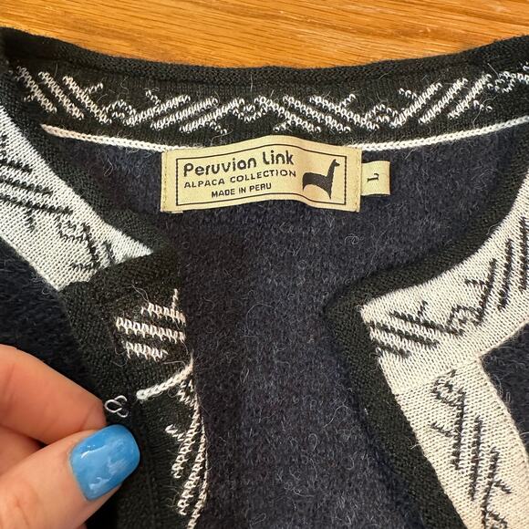 Peruvian Link Feather Cardigan Baby Alpaca Contrast Trim Fuzzy Crew Neck Sweater - Picture 9 of 12